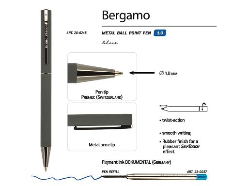 Ручка Bergamo шариковая автоматическая, серый металлический корпус, 1.0 мм