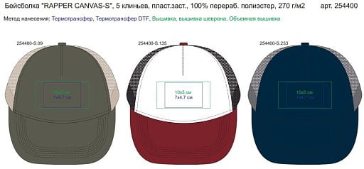 Бейсболка RAPPER CANVAS-S, 5 клиньев, пластиковая застежка