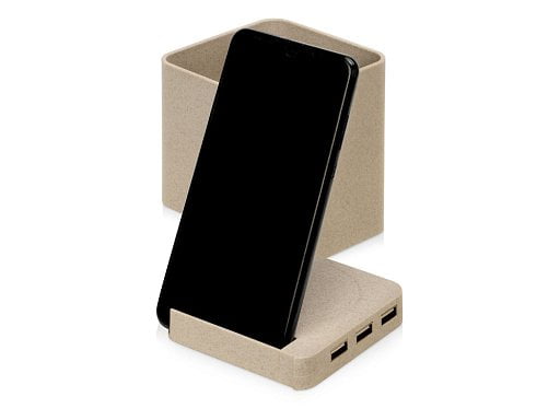 Настольный органайзер Cubic из пшеничного волокна с функцией беспроводной зарядки и выходами USB