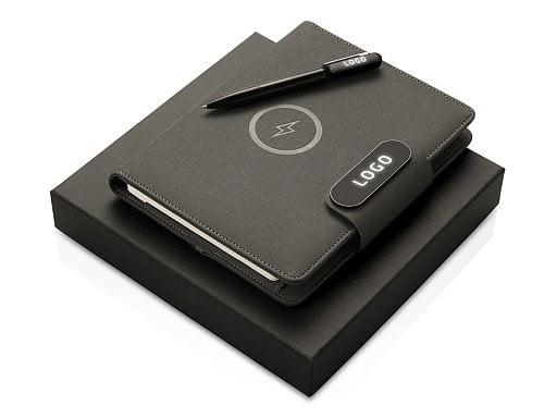 Подарочный набор металлическая ручка и блокнот А5 Twilight  со светящимся логотипом и пауэрбэнком