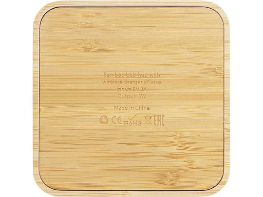 USB-хаб с беспроводной зарядкой из бамбука Plato, 5 Вт