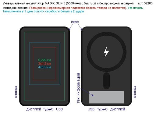 Универсальный аккумулятор MAGIX Glow 5 (5000мАч) с быстрой и беспроводной зарядкой, с подсветкой