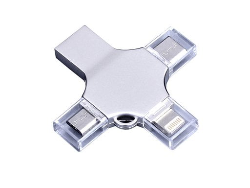 USB-флешка на 256 Гб 4 в 1 поворотный механизм, c дополнительными разъемами MicroUSB, TypeC и Lightning